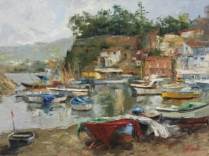 Buy “Mediterranean Port Village” – Limited Edition Giclée on Canvas of Colorful Boats
