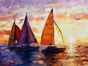 Buy “Sailing Sunset” – Oil Print on Canvas of a Sunset at the Beach