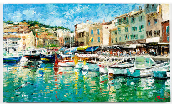 Buy “Strolling Harborside” – Limited Edition Giclée on Canvas of Boats on the River