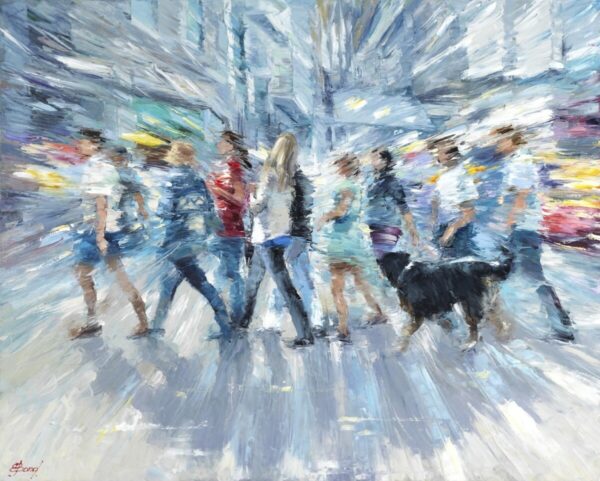 Buy "On The Pulse of Morning" - Oil Painting on Paper with People Crossing the City