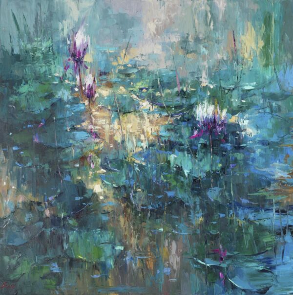 Buy “Giverny Moonlight I” – Oil Painting on Paper of Water Lilies