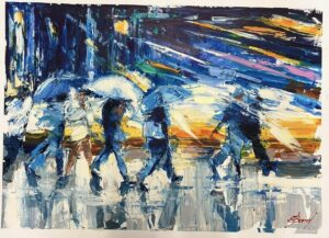 Buy “The Blue Line” – Oil Painting on Paper of a Reflection in the Rain