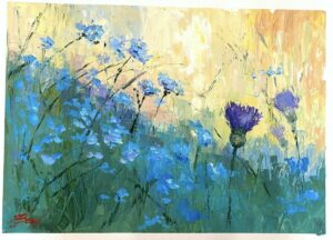 Buy “The Meadow” – Oil Painting on Paper of a Blue and Purple Flowers