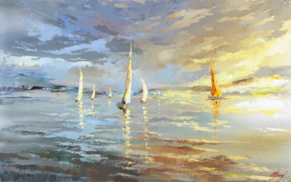 Buy "Night Falls on a Peaceful Harbor" - Limited Edition Giclée Print on Canvas With Boats in the Sea